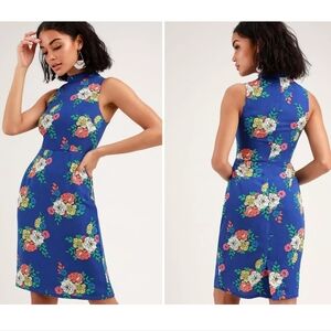 Lulus Carriage Tour Royal Blue Floral Print Sleeveless Sheath Dress Size Small